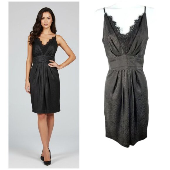 Kenar Silk Spaghetti Strap Dress Women's Sz 6 Black Eyelash Lace V Neck Pleated - Picture 1 of 16